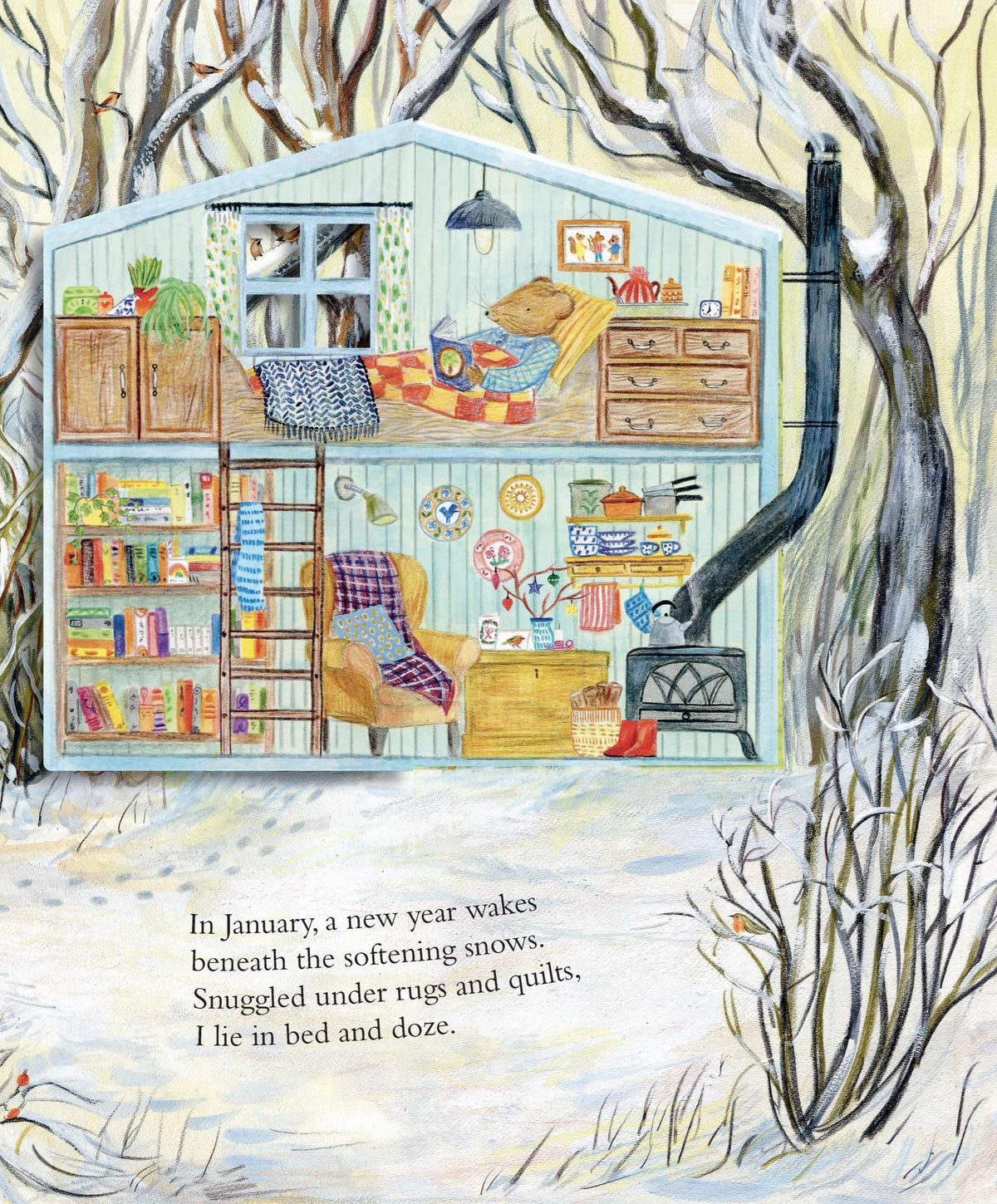 Mouse's Wood board book interior: January winter scene showing a bear reading in a cosy two-storey woodland home.