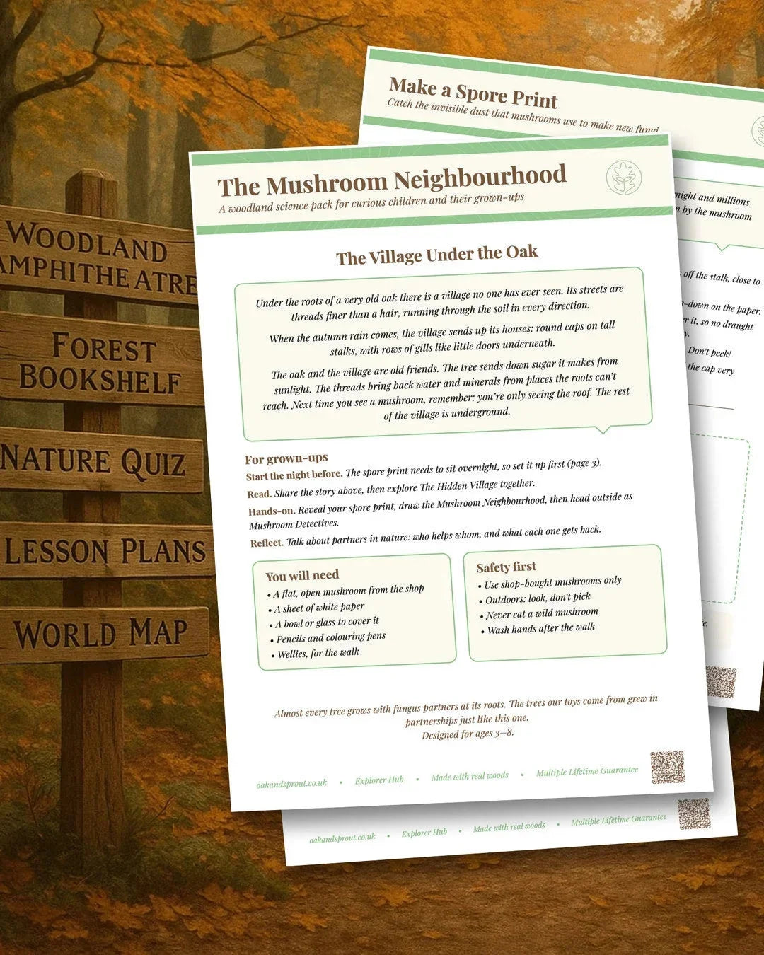 The Mushroom Neighbourhood woodland science pack showing printed activity sheets with story, spore print instructions, and