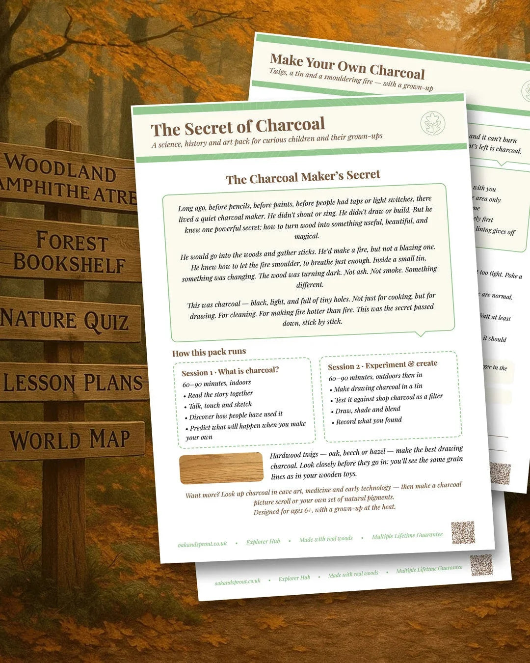 Oak & Sprout 'The Secret of Charcoal' printed activity sheets with story, session plans, and charcoal-making instructions