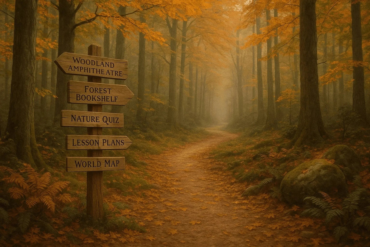 Oak & Sprout free learning resources signpost illustration showing paths to Forest Bookshelf, Nature Quiz and Lesson Plans