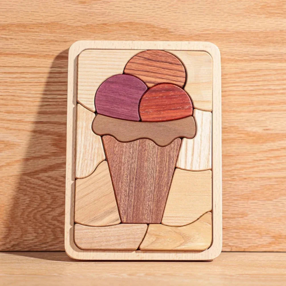 Sweet Scoops puzzle fully assembled, showing Purpleheart, Padauk, and Walnut hardwood scoops on cone, leaning against pale wo