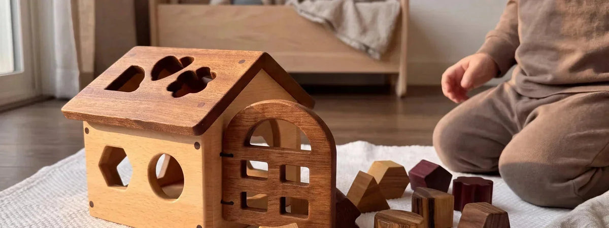 Oak & Sprout shape-sorting house in walnut with purpleheart and maple blocks on white playmat, toddler playing softly behind