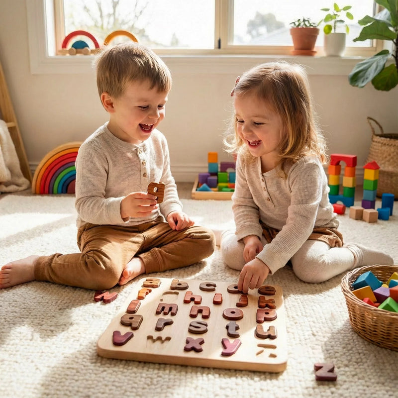 Two toddlers sharing an alphabet puzzle board on cream carpet; walnut and tigerwood pieces visible — Oak & Sprout number